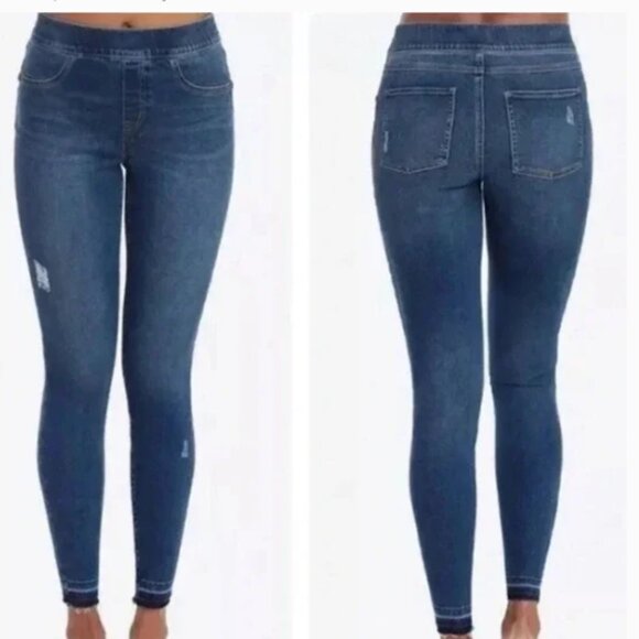Spanx Distressed Ankle Open Hem Skinny Pullon High Rise Jeans Size Large - Picture 1 of 6